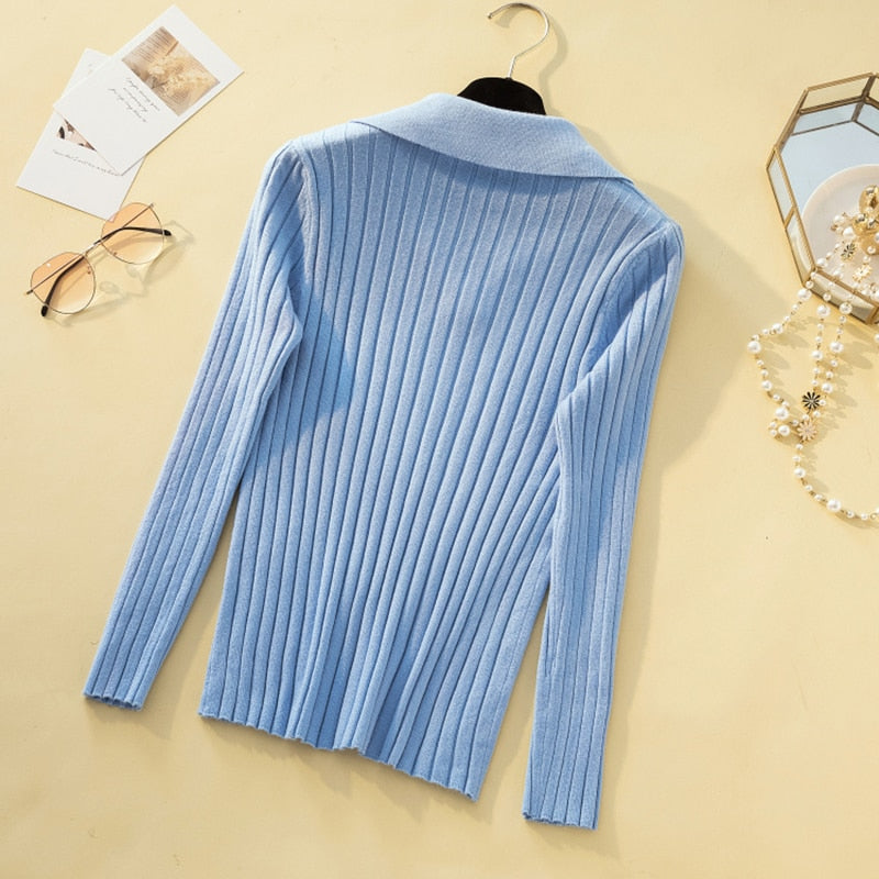 Korean Elegance Turn-Down Knitted Sweater