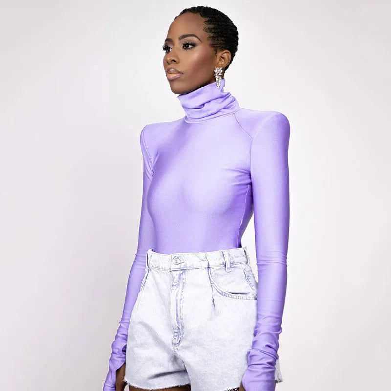 Satin Luxe Long Sleeve Turtleneck with Structured Shoulders