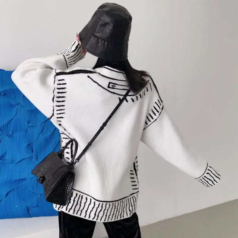 Graffiti Art V-Neck Cardigan - Bold and Unique Women's Knitwear