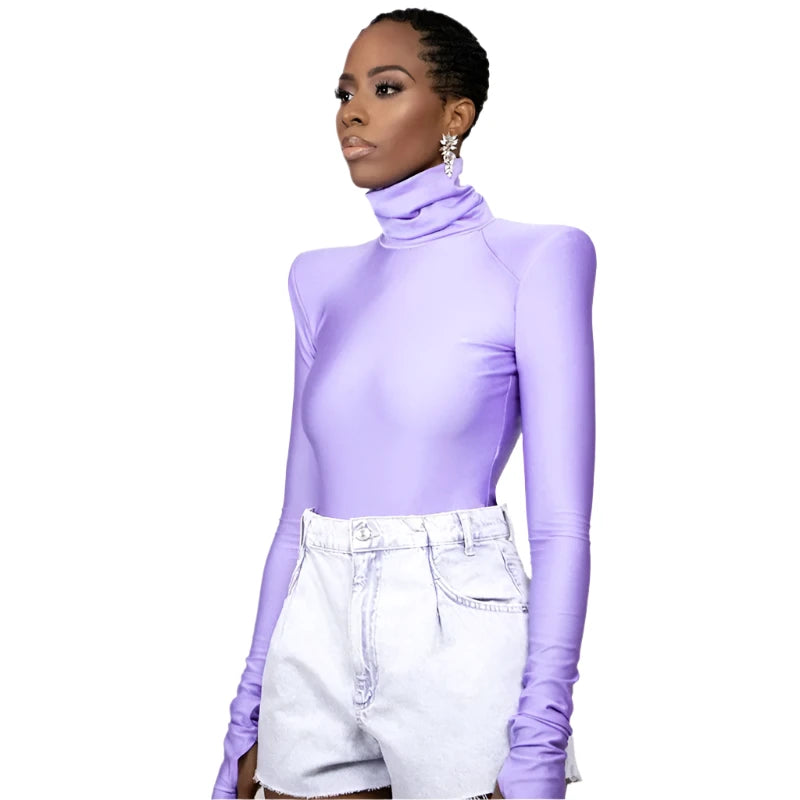 Satin Luxe Long Sleeve Turtleneck with Structured Shoulders