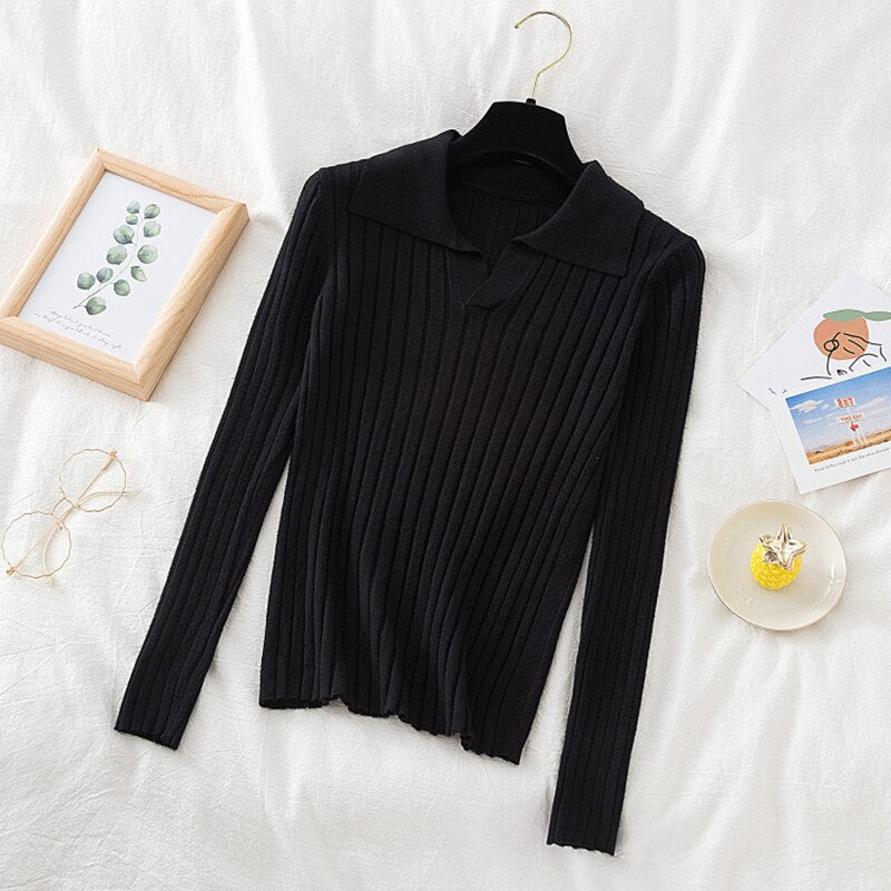 Korean Elegance Turn-Down Knitted Sweater