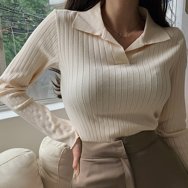 Korean Elegance Turn-Down Knitted Sweater