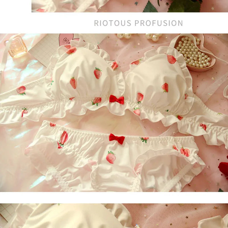 Strawberry Kawaii Milk Silk Soft Bra & Panty Set - Wirefree Japanese-Inspired Lingerie