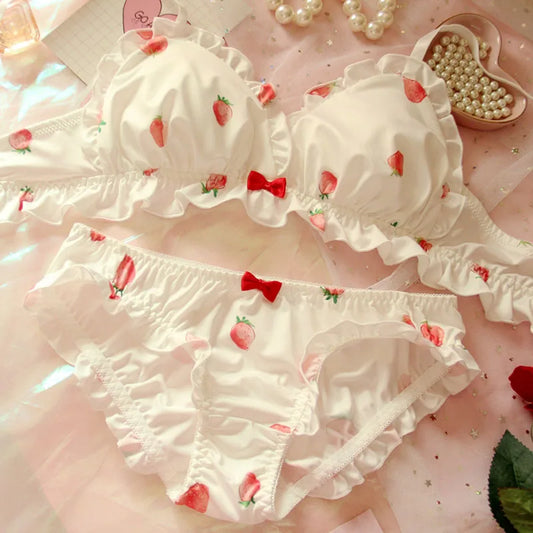 Strawberry Kawaii Milk Silk Soft Bra & Panty Set - Wirefree Japanese-Inspired Lingerie