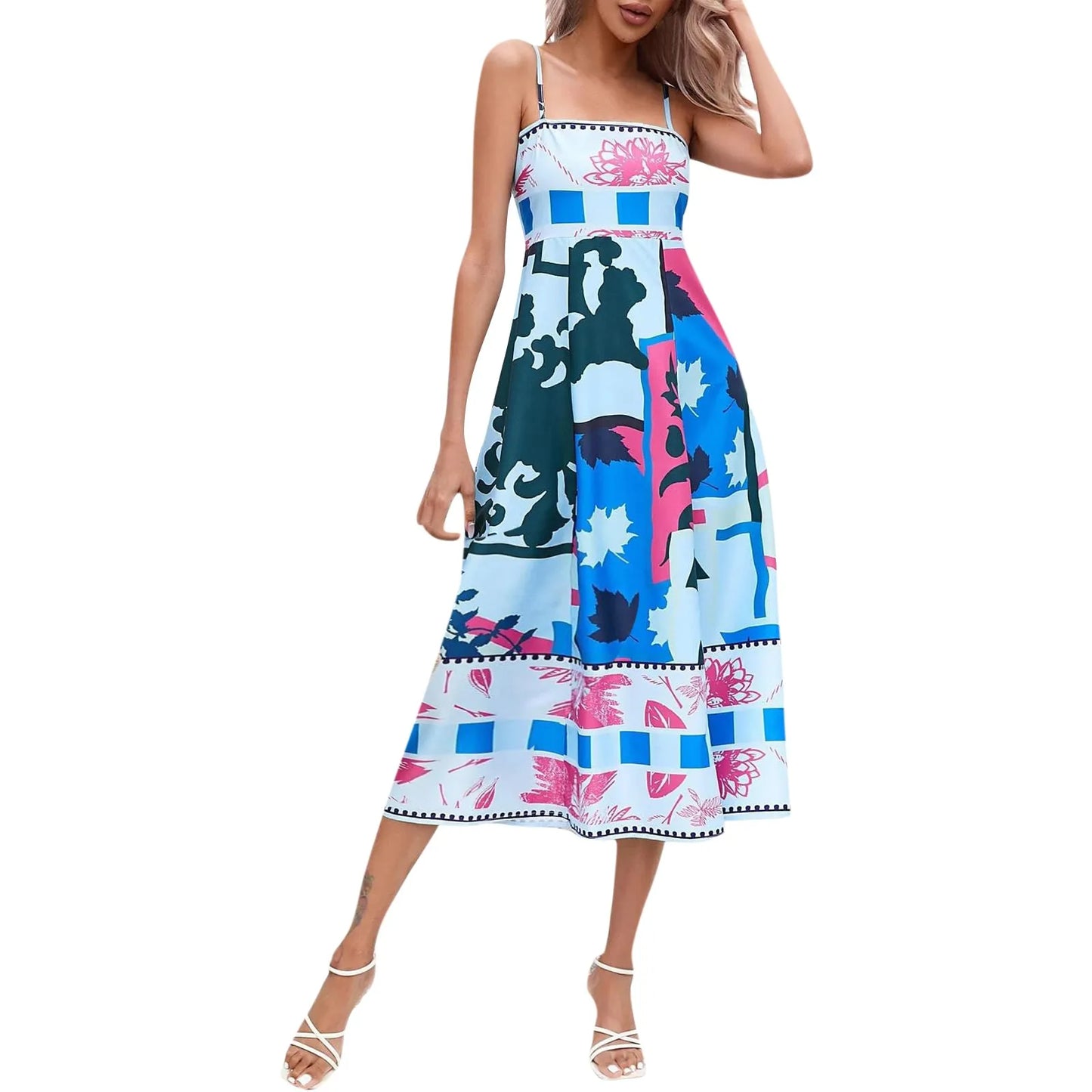 Sunny Days Colorful A-Line Sundress - Women's High Waist Backless Summer Dress