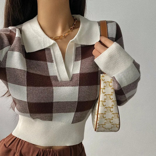 Retro Plaid Cropped Knit Top