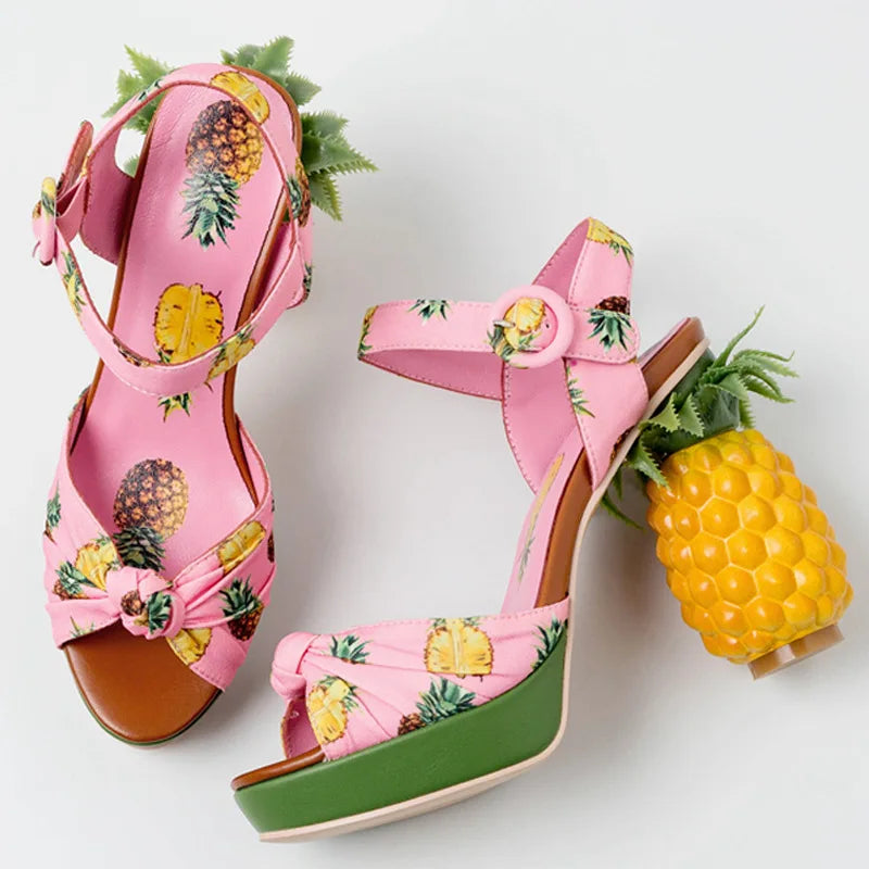 Pink Pineapple Print Strappy High-Heel Sandals - Sweet Summer Platform Shoes