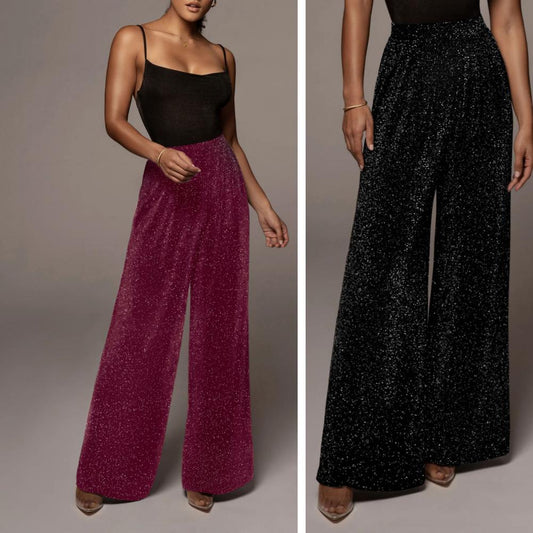 Shimmer Chic High-Waisted Pants with Elastic Waist