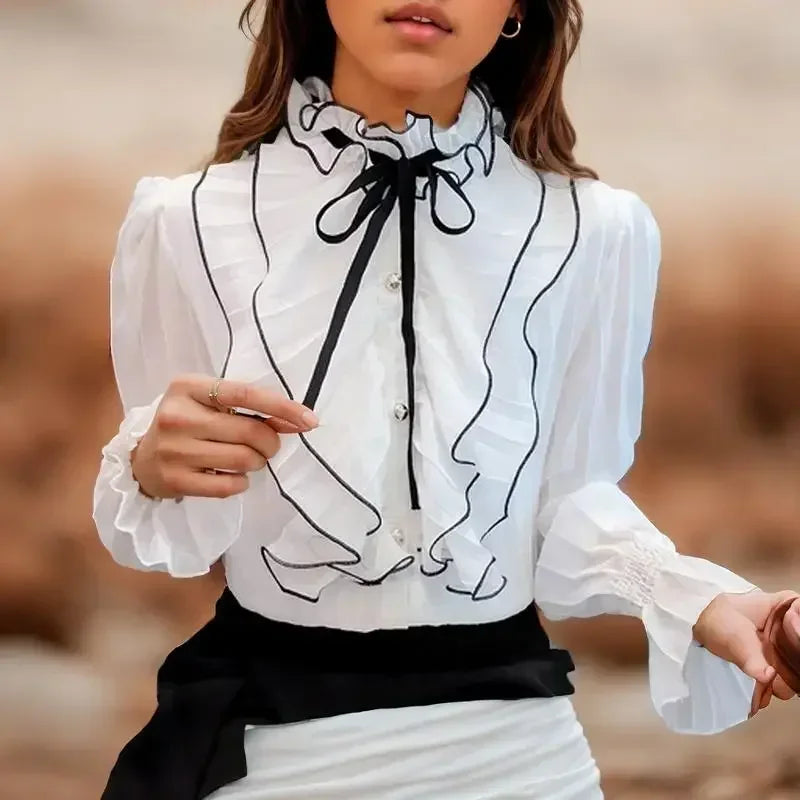 Sophisticated Ruffle Sleeve Top with Black Bow Accent