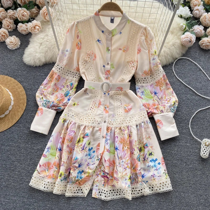 Boho Floral Lantern Sleeve Mini Dress with Lace & Sash