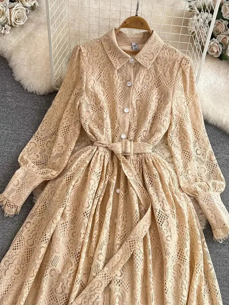 Elegant Khaki Lace Lantern Sleeve Dress