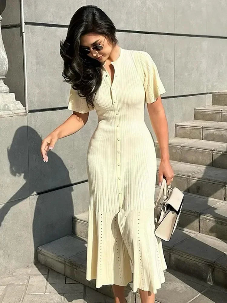 Elegant Hollow Knit Midi Dress