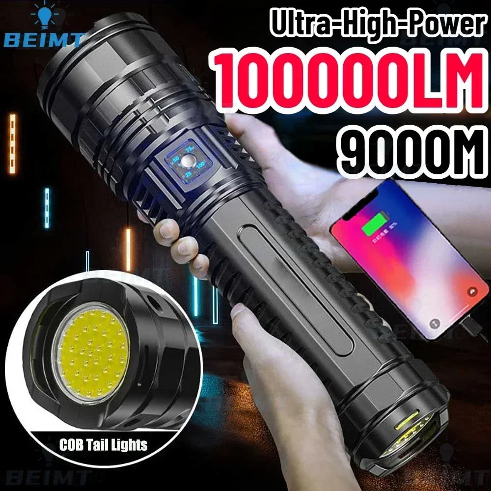 Ultra Bright Tactical LED Flashlight - 15,000mAh Rechargeable Emergency Spotlight with Tail Light