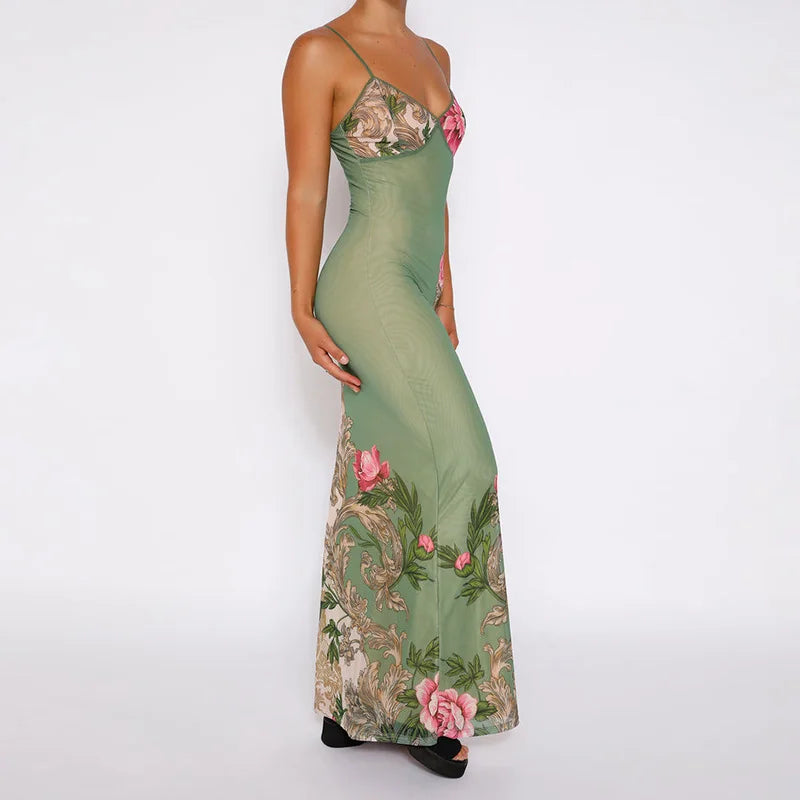 Elegant Sleeveless V-Neck Maxi Dress with Print – Summer Beach & Club Fashion