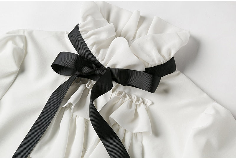 Elegant White Chiffon Ruffle Blouse with Bow Accent