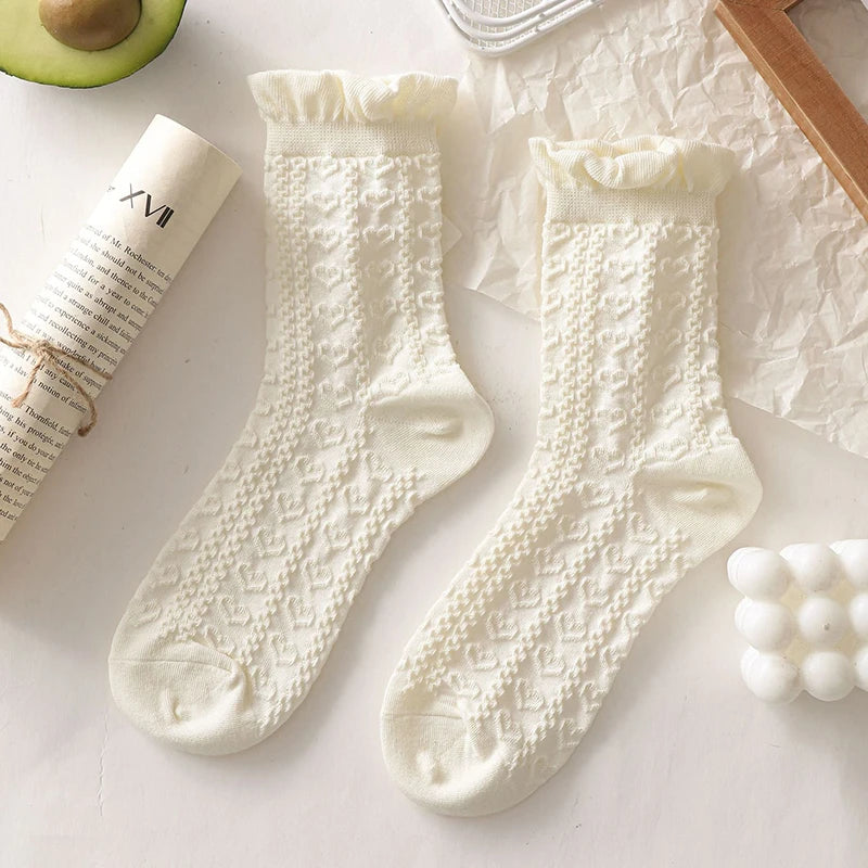 Elegant White Bow & Flower Cotton Socks