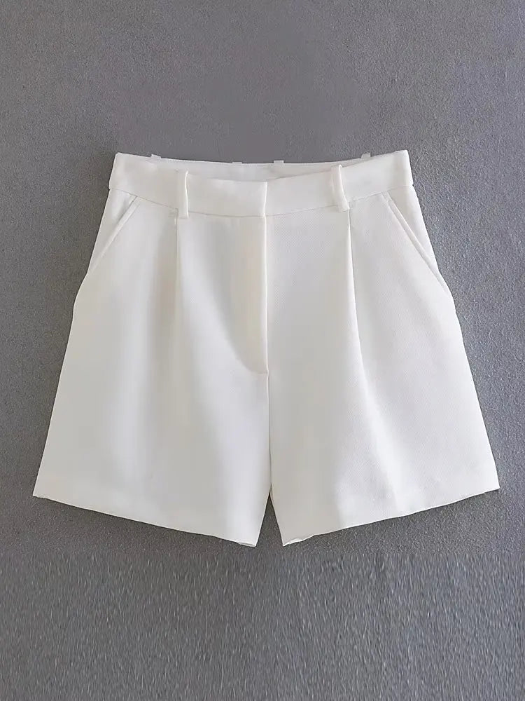 Willshela Vintage Chic High-Waist White Pleated Zipper Shorts