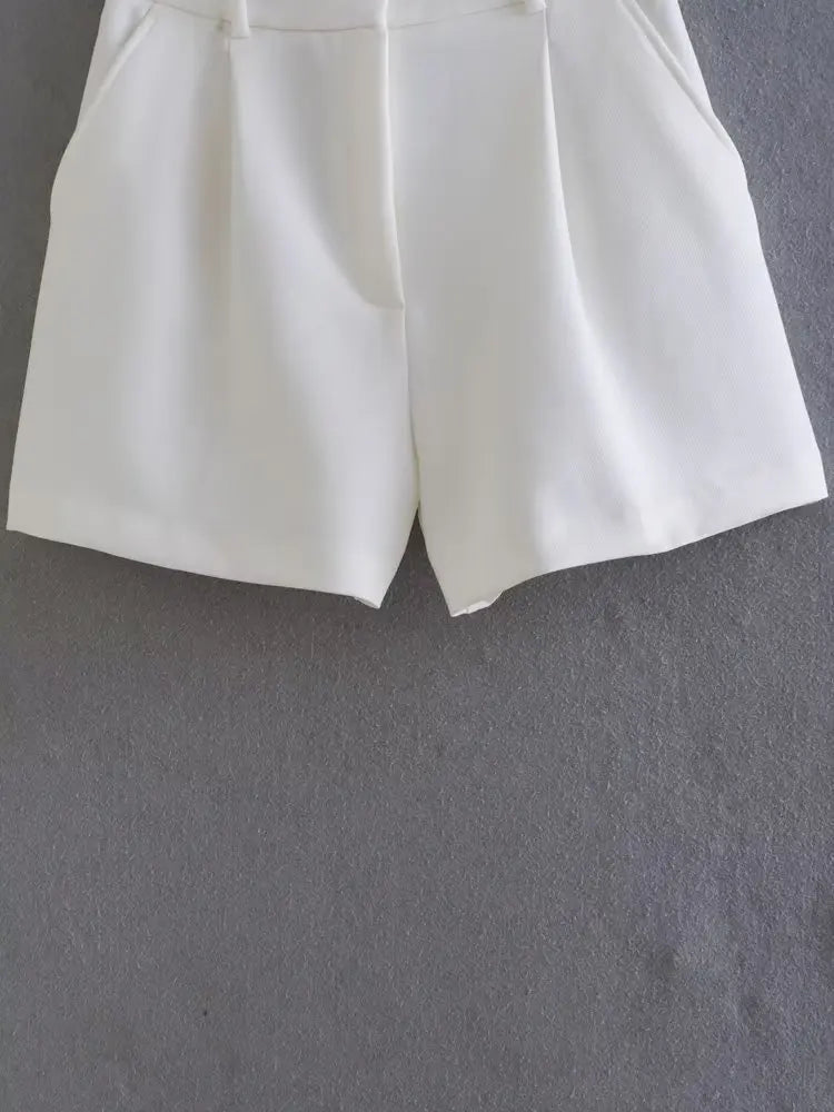 Willshela Vintage Chic High-Waist White Pleated Zipper Shorts