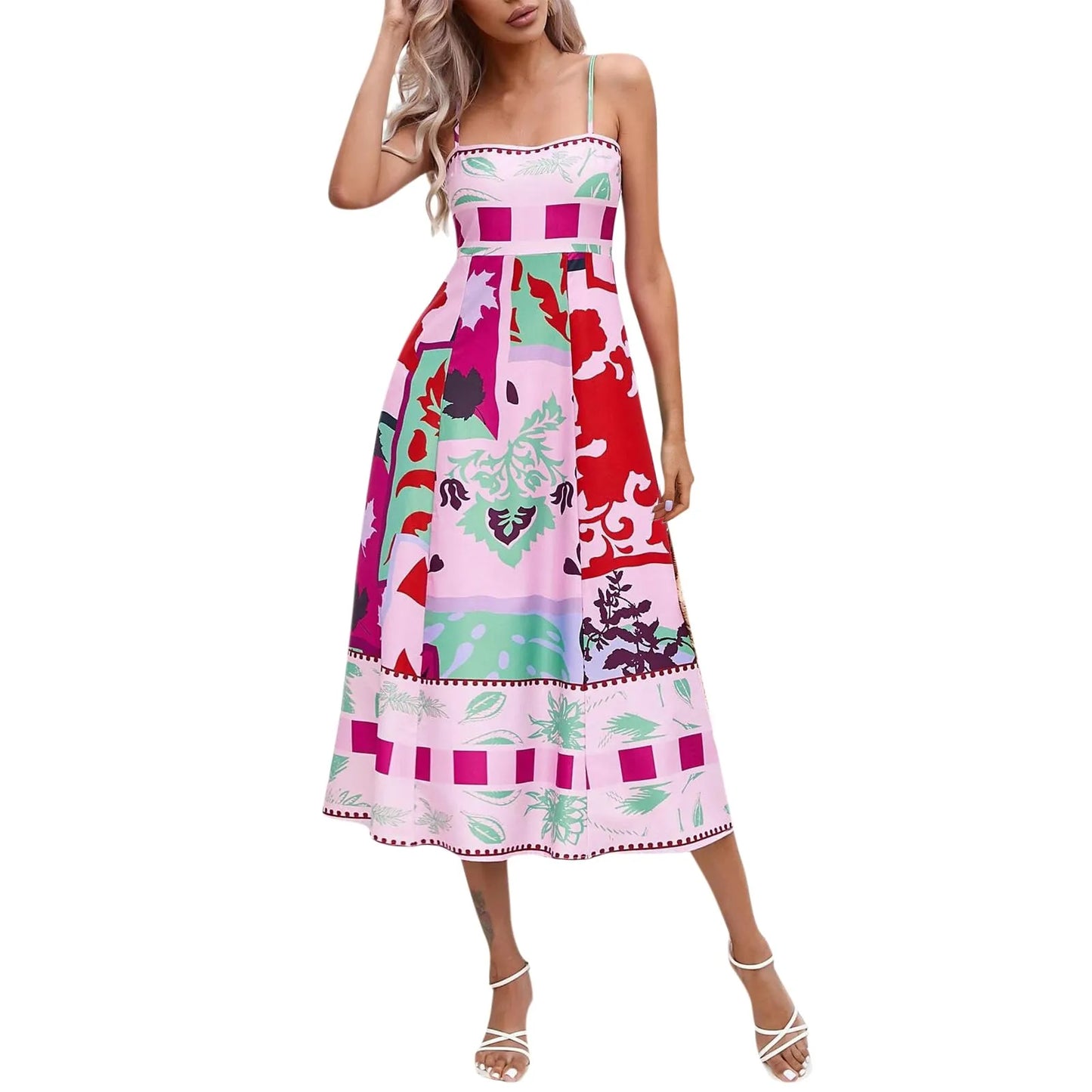 Sunny Days Colorful A-Line Sundress - Women's High Waist Backless Summer Dress