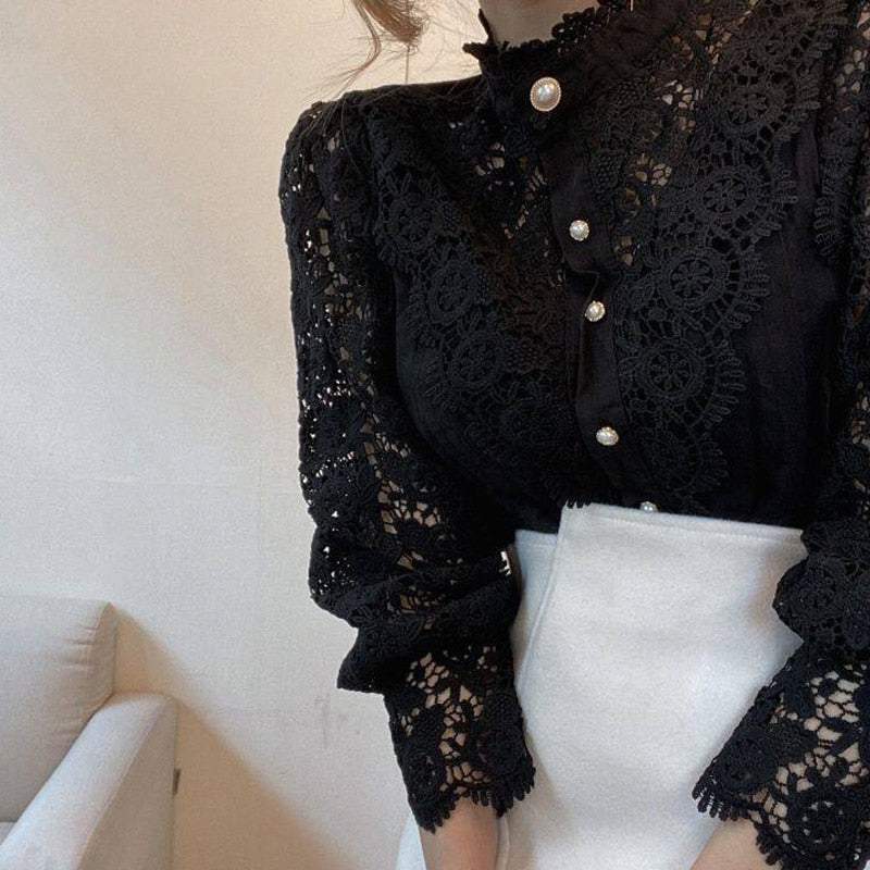 Classic White Lace Blouse with Korean Button Accents