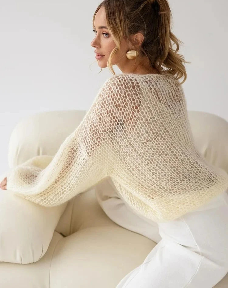 Spring Breeze Mesh Knit Lantern Sleeve Pullover