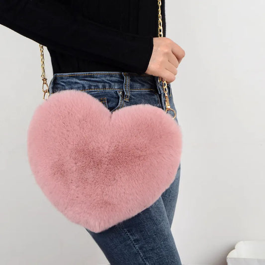 Fuzzy Heart Kawaii Handbag – Chic Faux Fur Accessory for Women