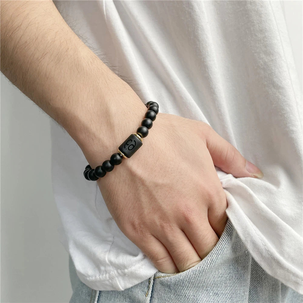 Cosmic Connection Bracelets: Matte Black Agate Beaded Wristbands for Couples