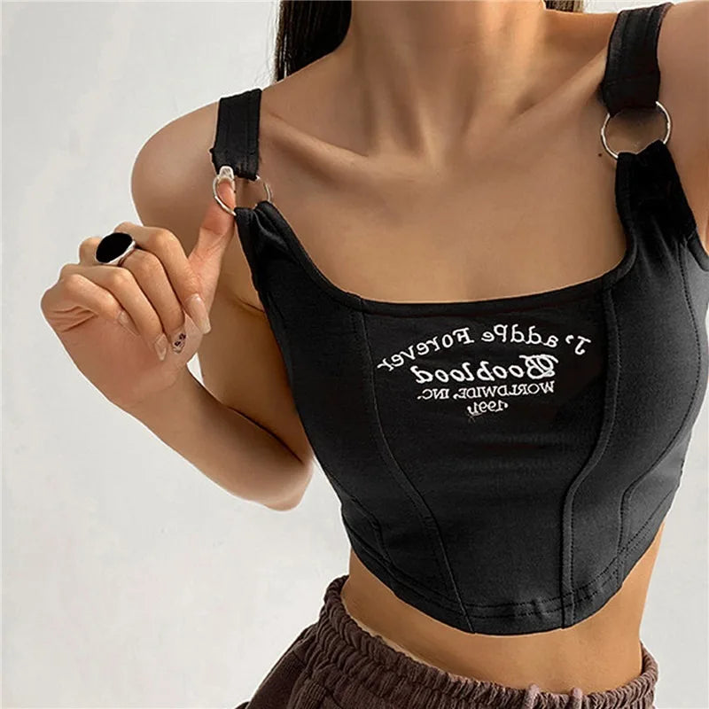 Embroidered Letter Print Buckle Crop Tank with Bra Pad – Irregular Summer Style