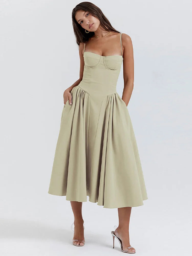 Elegant Pleated Hem Backless Midi Dress – Sleeveless Summer Party Fashion