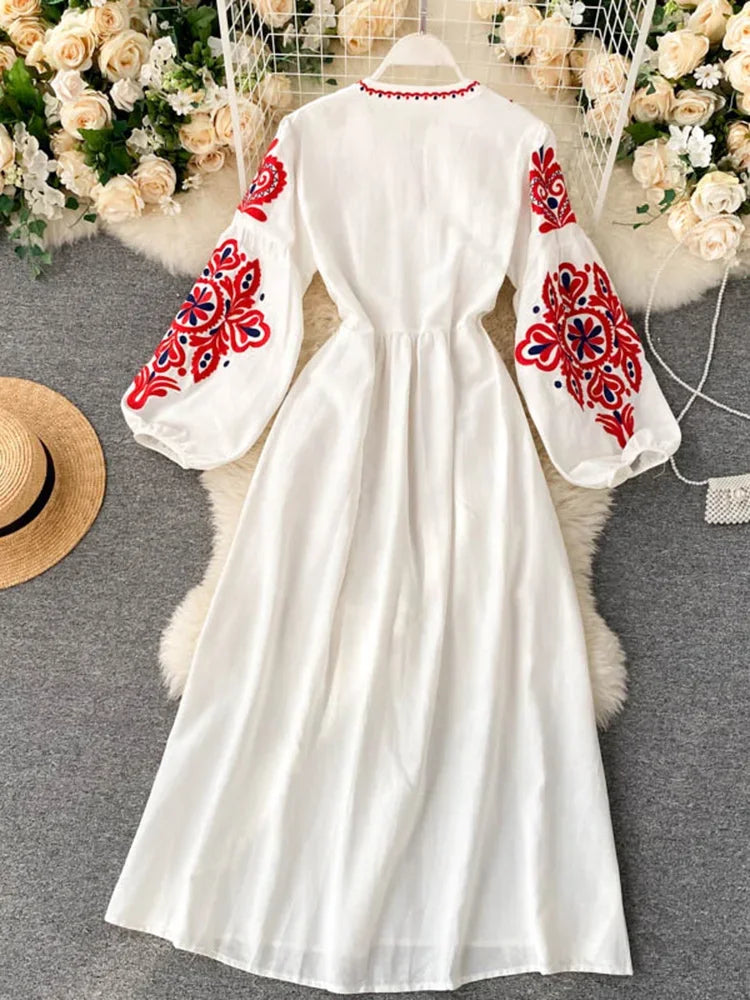 Boho Bloom High-Waist Lantern Sleeve Dress – Embroidered Autumn Elegance