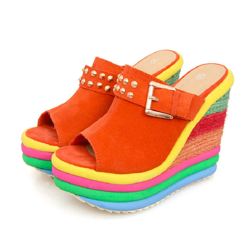 Bohemian Rainbow Peep-Toe Platform Wedges