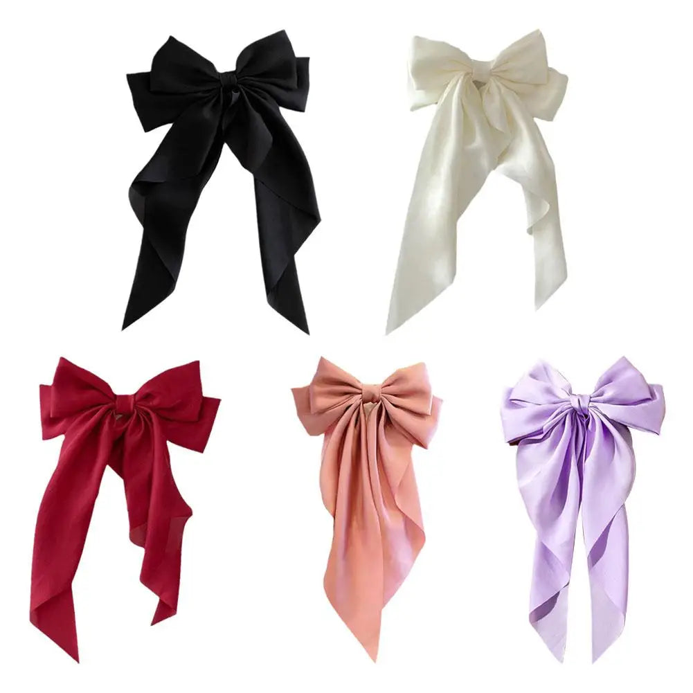 Elegant Chiffon Bow Hairpin - Solid Color Ponytail Clip with Large Satin Bow