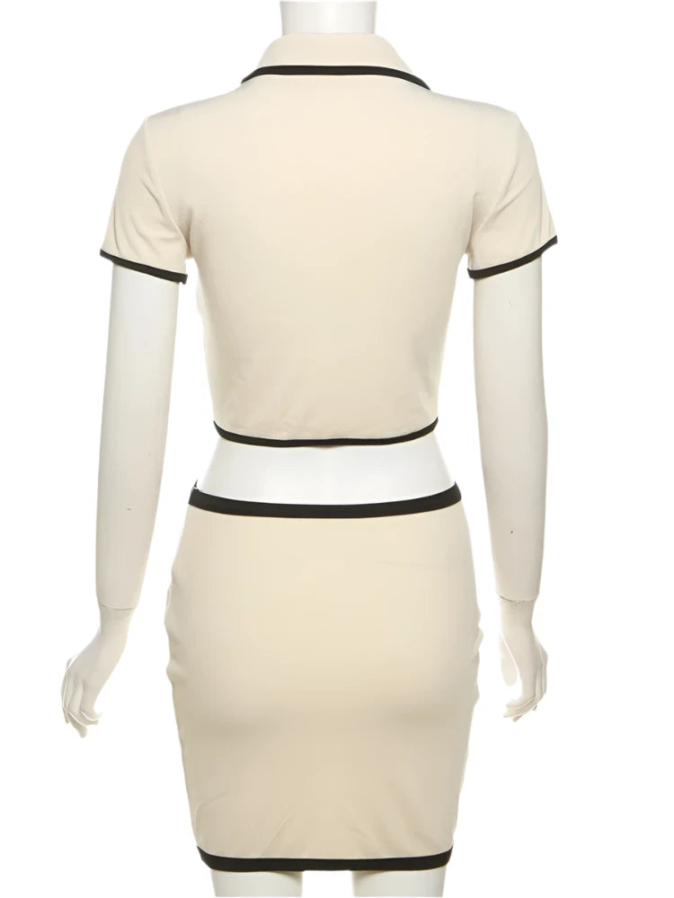 Ribbed Elegance: Women's Polo Neck Crop Top & Mini Skirt Set