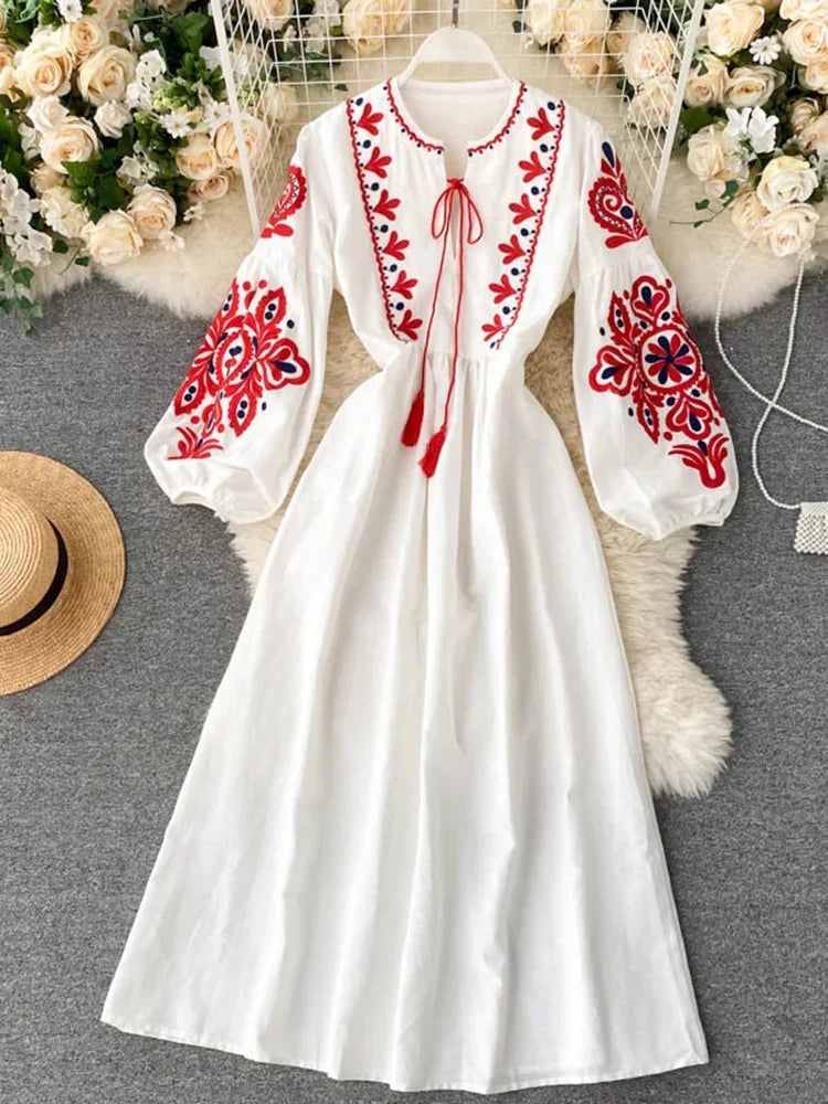 Boho Bloom High-Waist Lantern Sleeve Dress – Embroidered Autumn Elegance