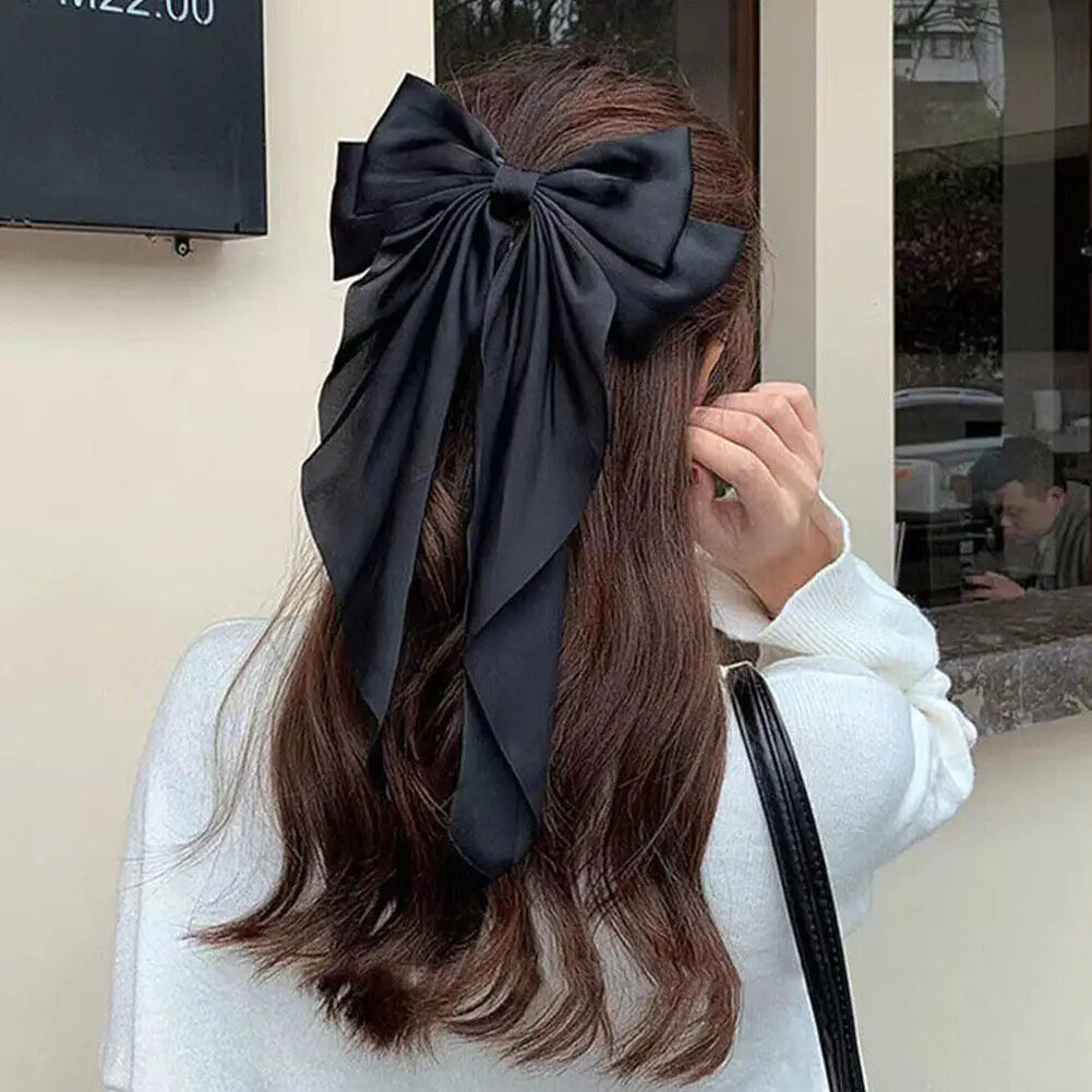 Elegant Chiffon Bow Hairpin - Solid Color Ponytail Clip with Large Satin Bow