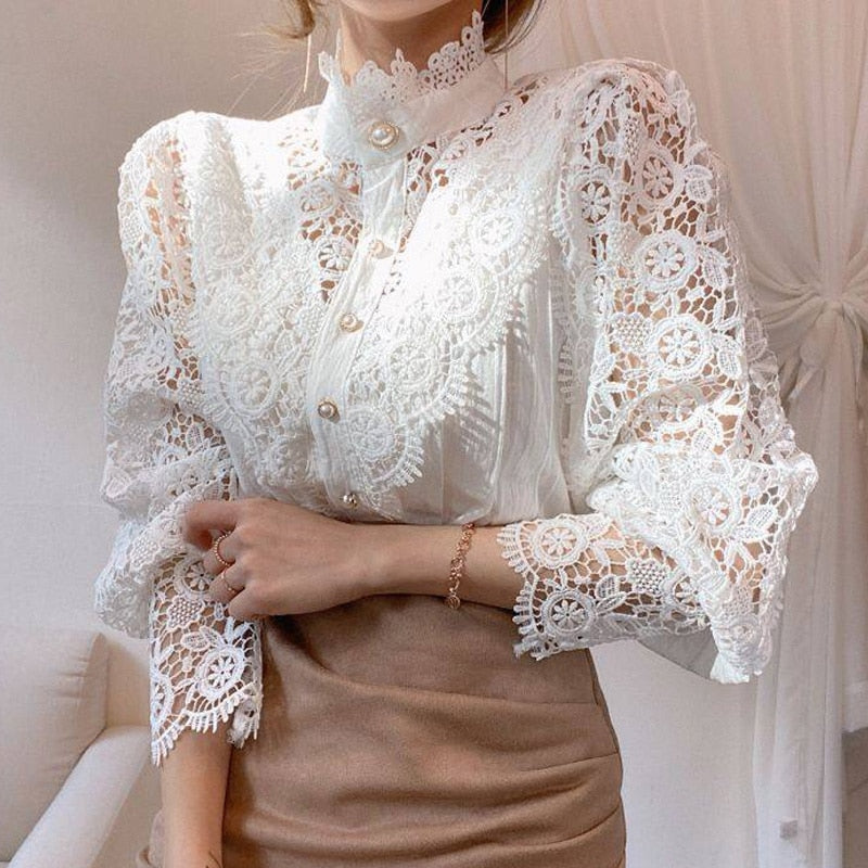 Classic White Lace Blouse with Korean Button Accents