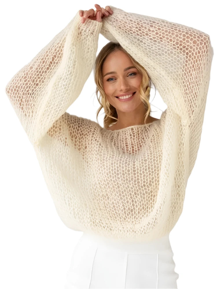 Spring Breeze Mesh Knit Lantern Sleeve Pullover