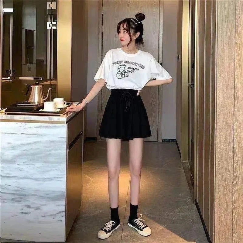 Chic Summer A-Line High Waist Shorts Skirt - Korean Style Black Loose Fit Mini Skirt