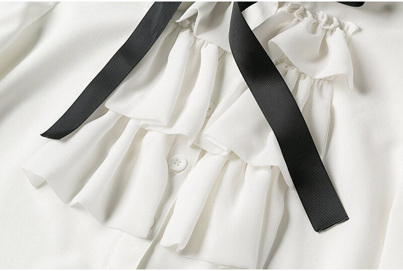 Elegant White Chiffon Ruffle Blouse with Bow Accent