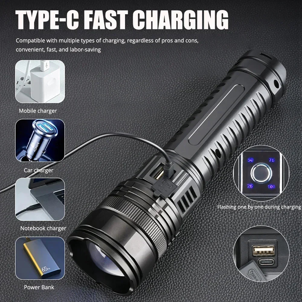 Ultra Bright Tactical LED Flashlight - 15,000mAh Rechargeable Emergency Spotlight with Tail Light