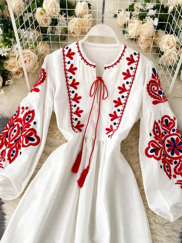 Boho Bloom High-Waist Lantern Sleeve Dress – Embroidered Autumn Elegance