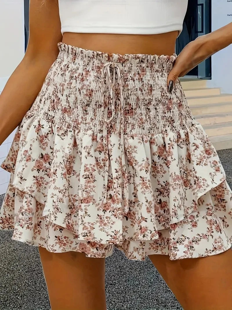 Floral Charm Layered Hem High-Waist Shorts – Casual Elegance for Spring & Summer