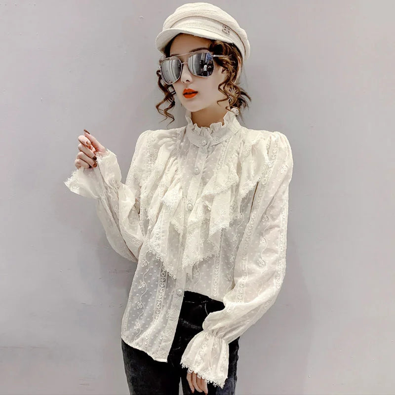 Elegant Korean Ruffle Lace Chiffon Blouse - Stand Collar Pleated Long Sleeve Top