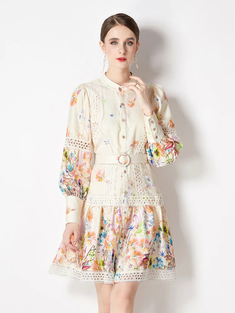 Boho Floral Lantern Sleeve Mini Dress with Lace & Sash