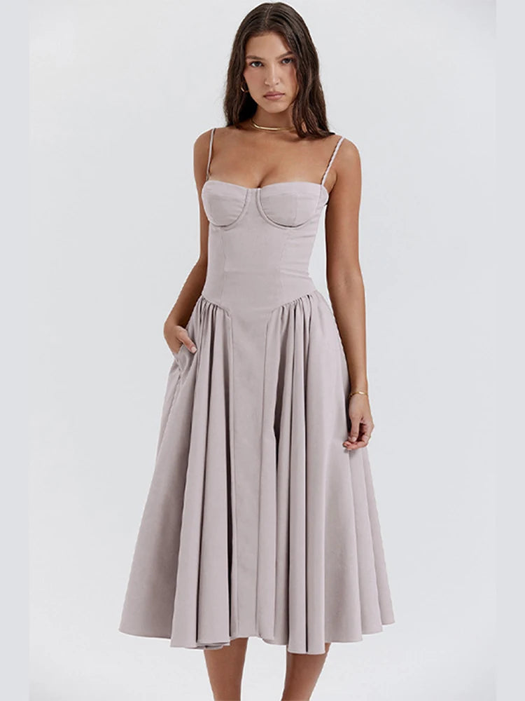 Elegant Pleated Hem Backless Midi Dress – Sleeveless Summer Party Fashion