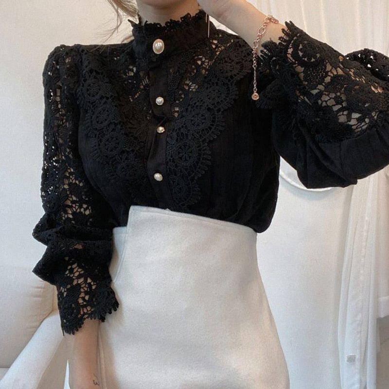 Classic White Lace Blouse with Korean Button Accents