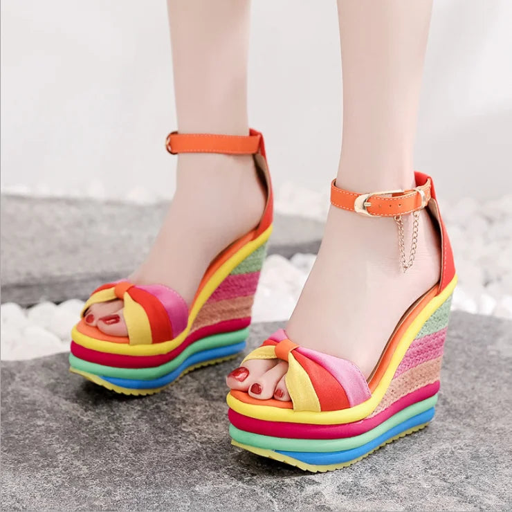 Summer Chic Rainbow Wedge Sandals with Bow and Ankle Strap