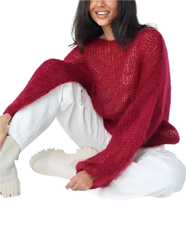 Spring Breeze Mesh Knit Lantern Sleeve Pullover