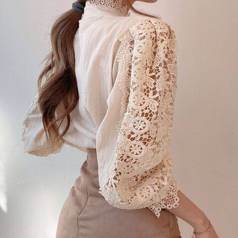 Classic White Lace Blouse with Korean Button Accents