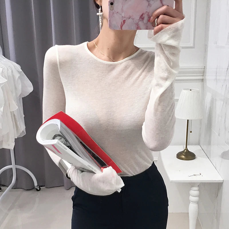 Korean Style Slim-Fit Long Sleeve T-Shirt for Women – Chic Basic Elastic Top